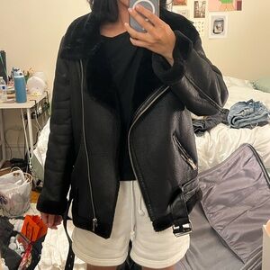 Zara black leather and shearling moto jacket